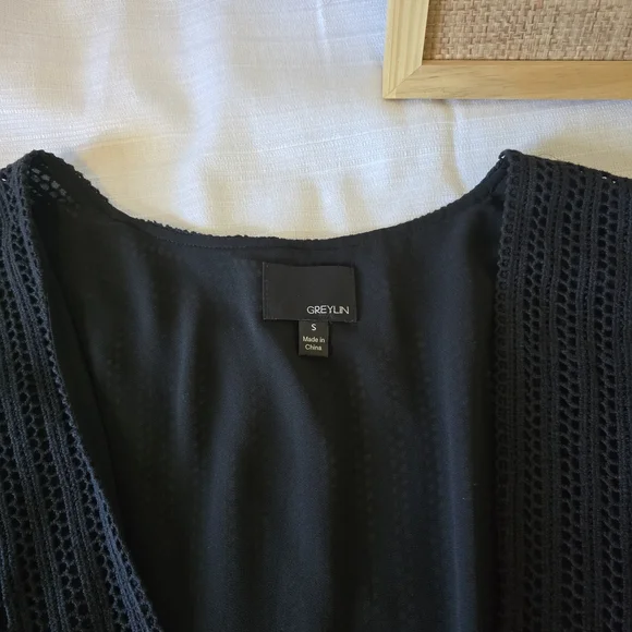 Greylin Anthropolgie Black Crochet Fringe Cardigan Size Small - Picture 7 of 15